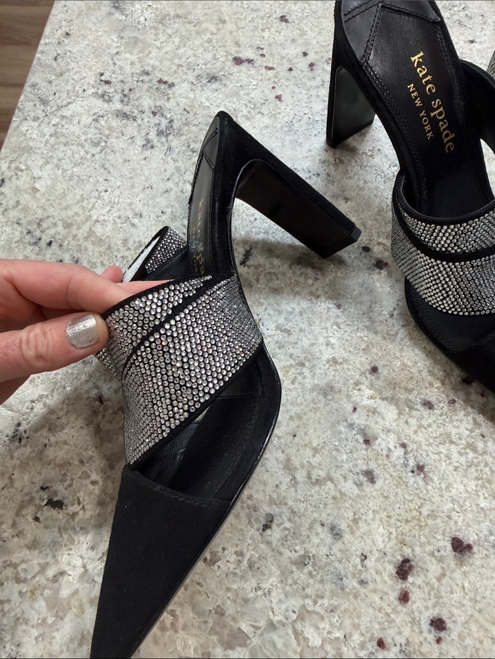 NEW Kate Spade Black Bianca Suede Crystal Rhinestone Wrap Closed Toe Pumps 6.5 - Picture 8 of 11
